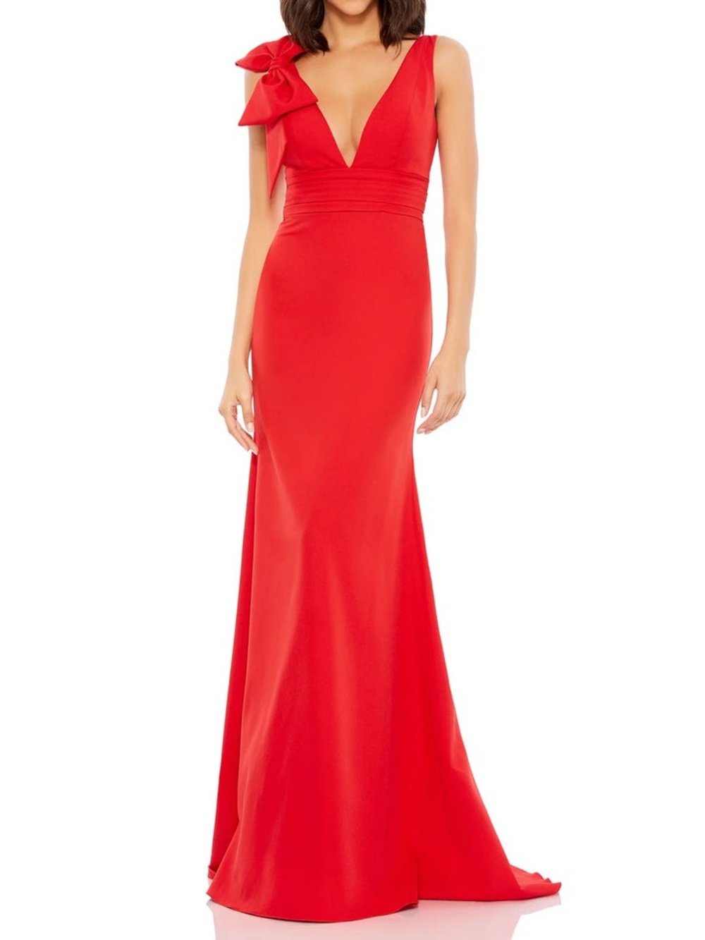 NWT Mac Duggal 49454 Red Sleeveless V Neck Bow Detail Mermaid Gown Wedding Guest